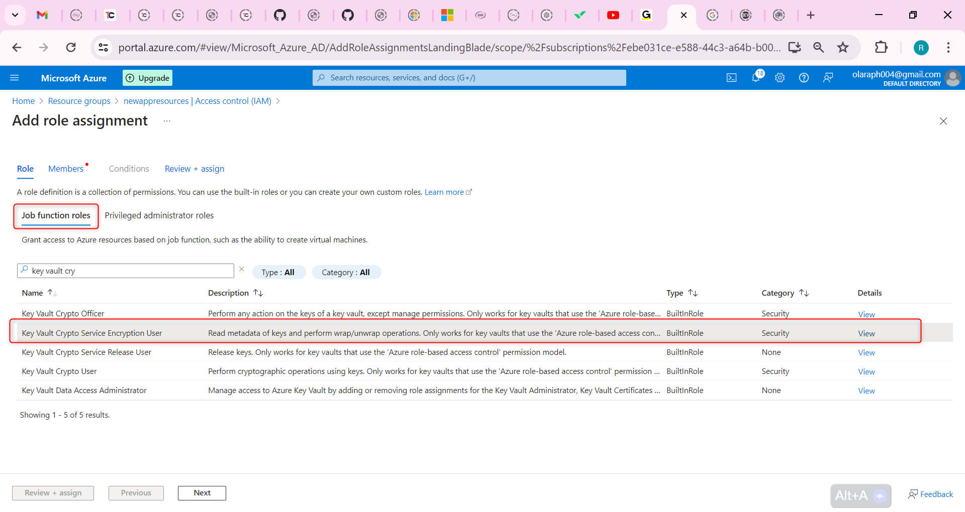 select the Key Vault Crypto Service Encryption User role