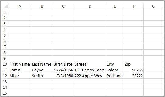 worksheet with header row as 10