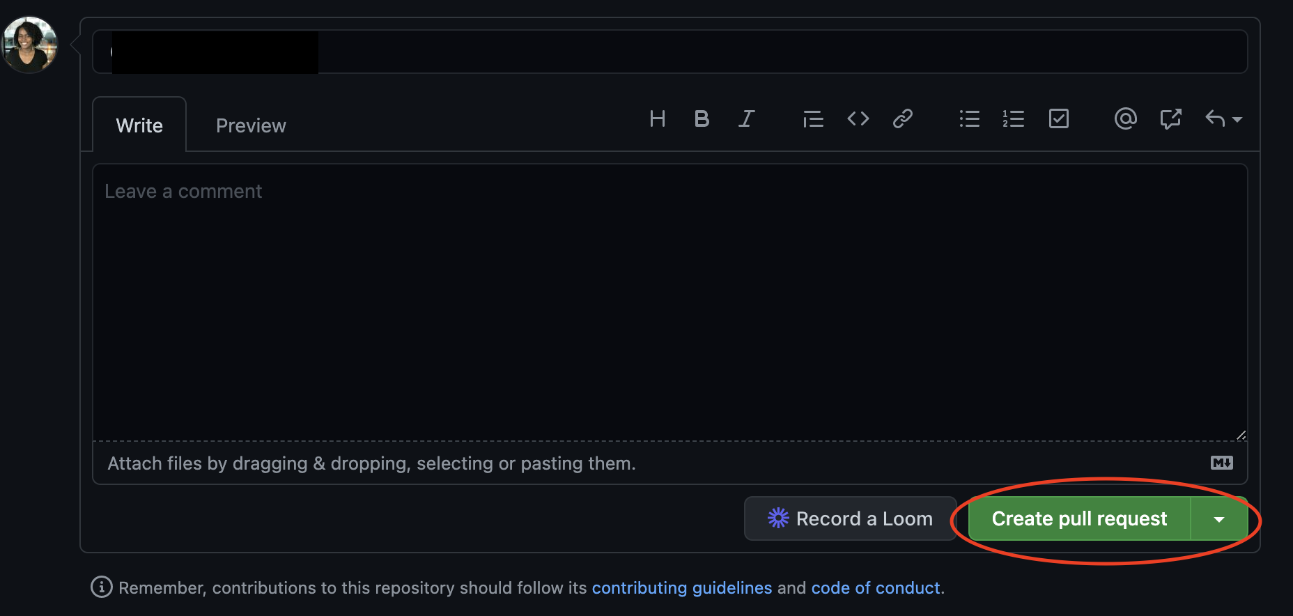Text editor and Create pull request button