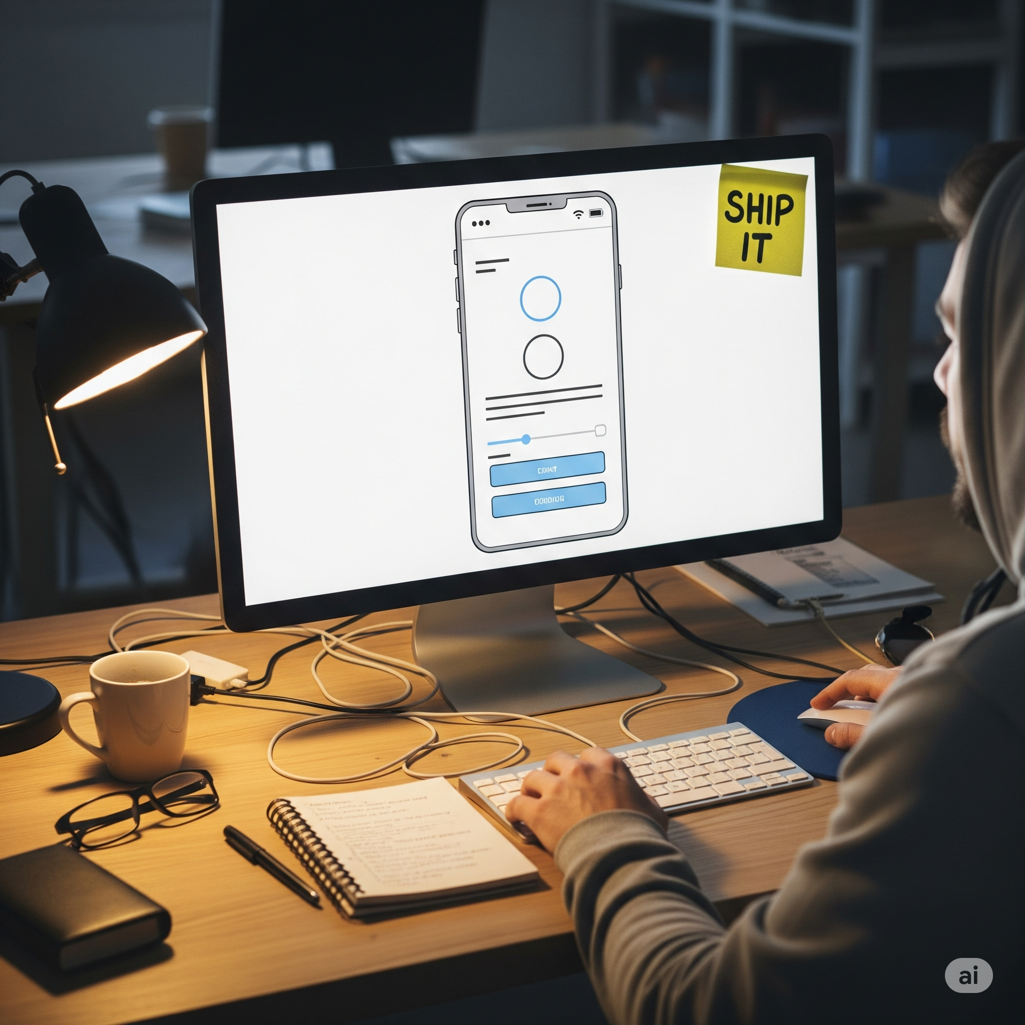 A developer at their desk with a simple app on screen