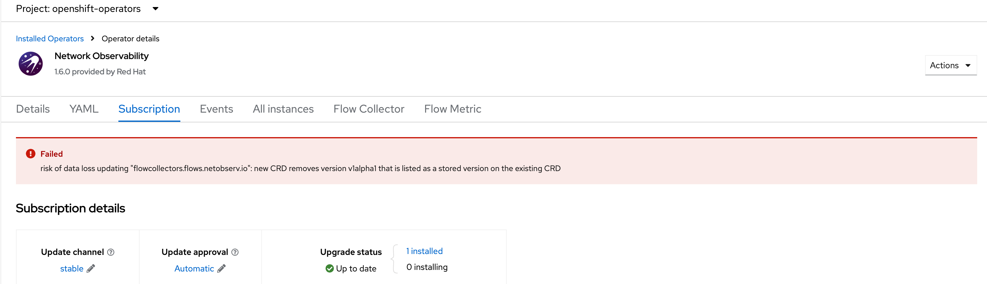 OLM Console page in OpenShift showing an error during the operator upgrade