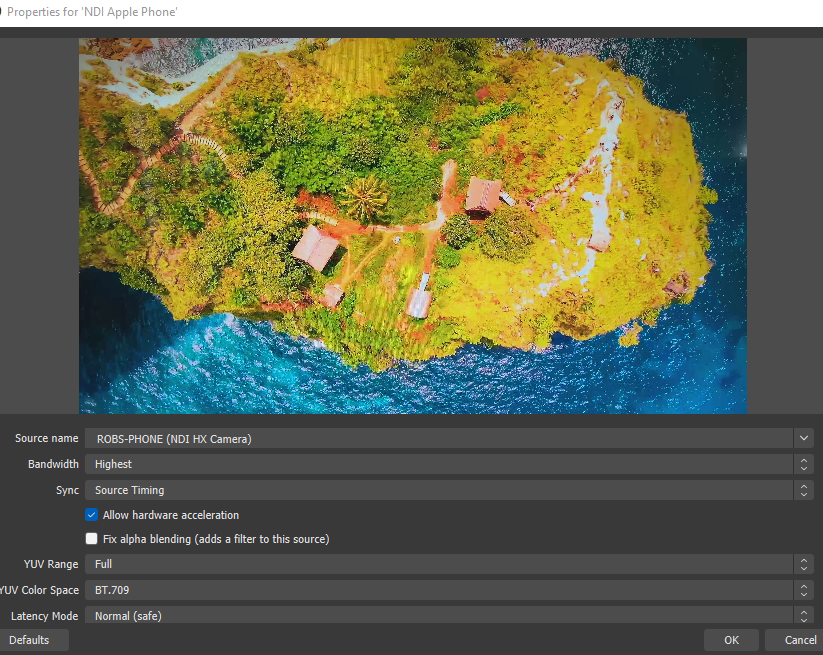 Image of OBS NDI settings panel