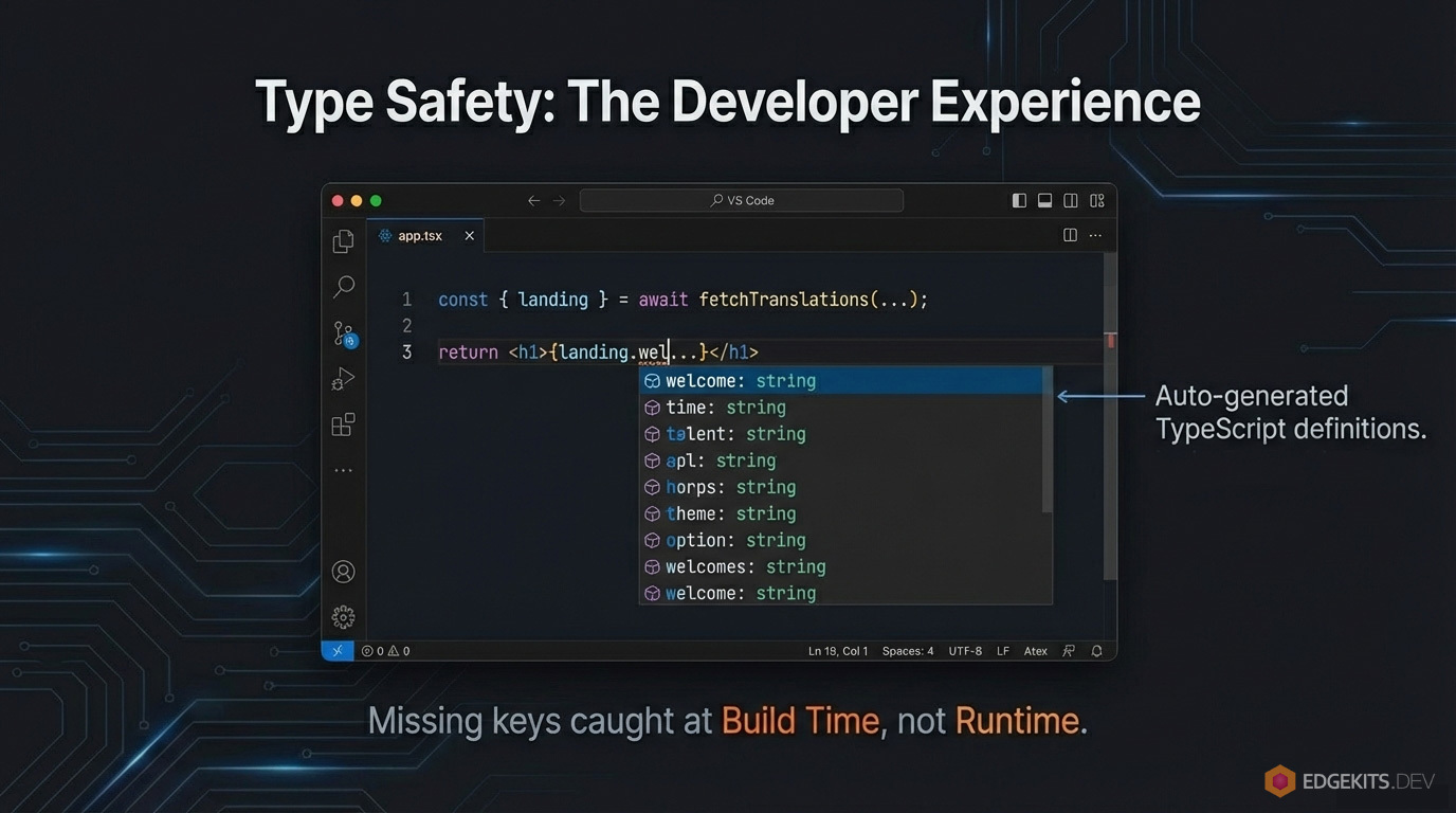 VS Code autocomplete demonstrating end-to-end type safety for i18n dictionaries in Astro