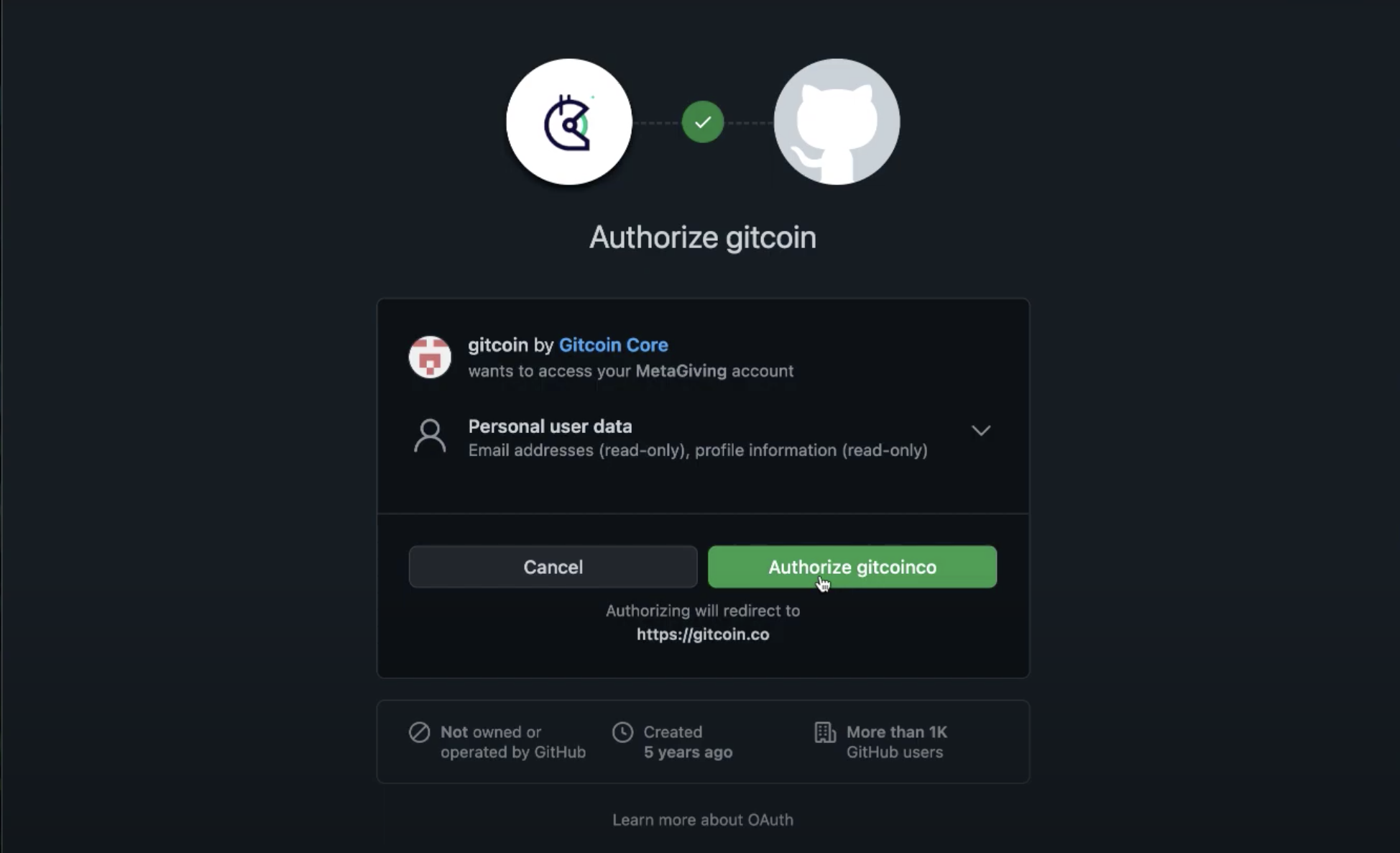 Github screen to approve the connection between Github and Gitcoin