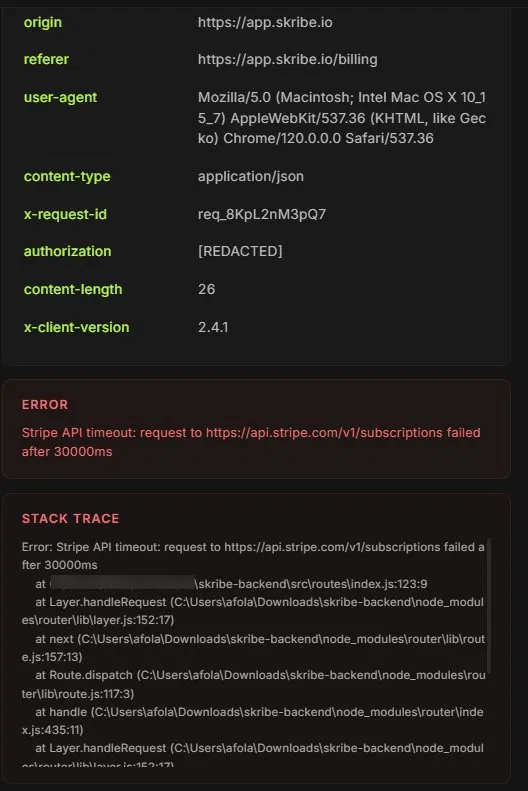 Pingoni error detail panel with stack trace and request headers
