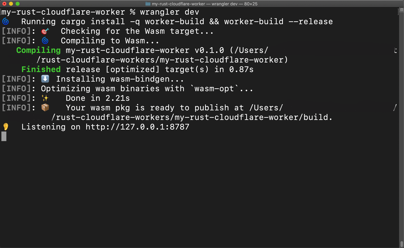Getting Started with Rust Cloudflare Workers: Wrangler Dev Startup: Terminal shows "Listening on http://127.0.0.1:8787"