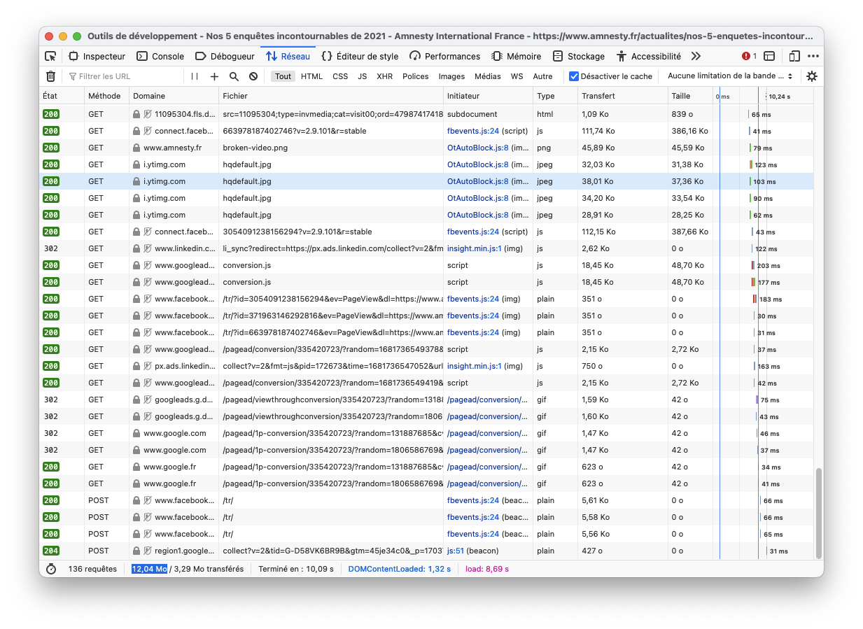 Capture d'écran de l'inspecteur, qui donne le poids de Mo transféré et le nombre de requêtes.