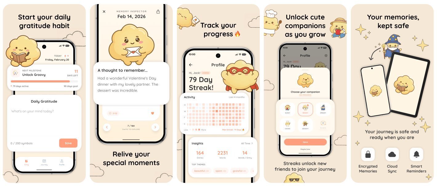 Cloudy gratitude journal Play Store screenshots