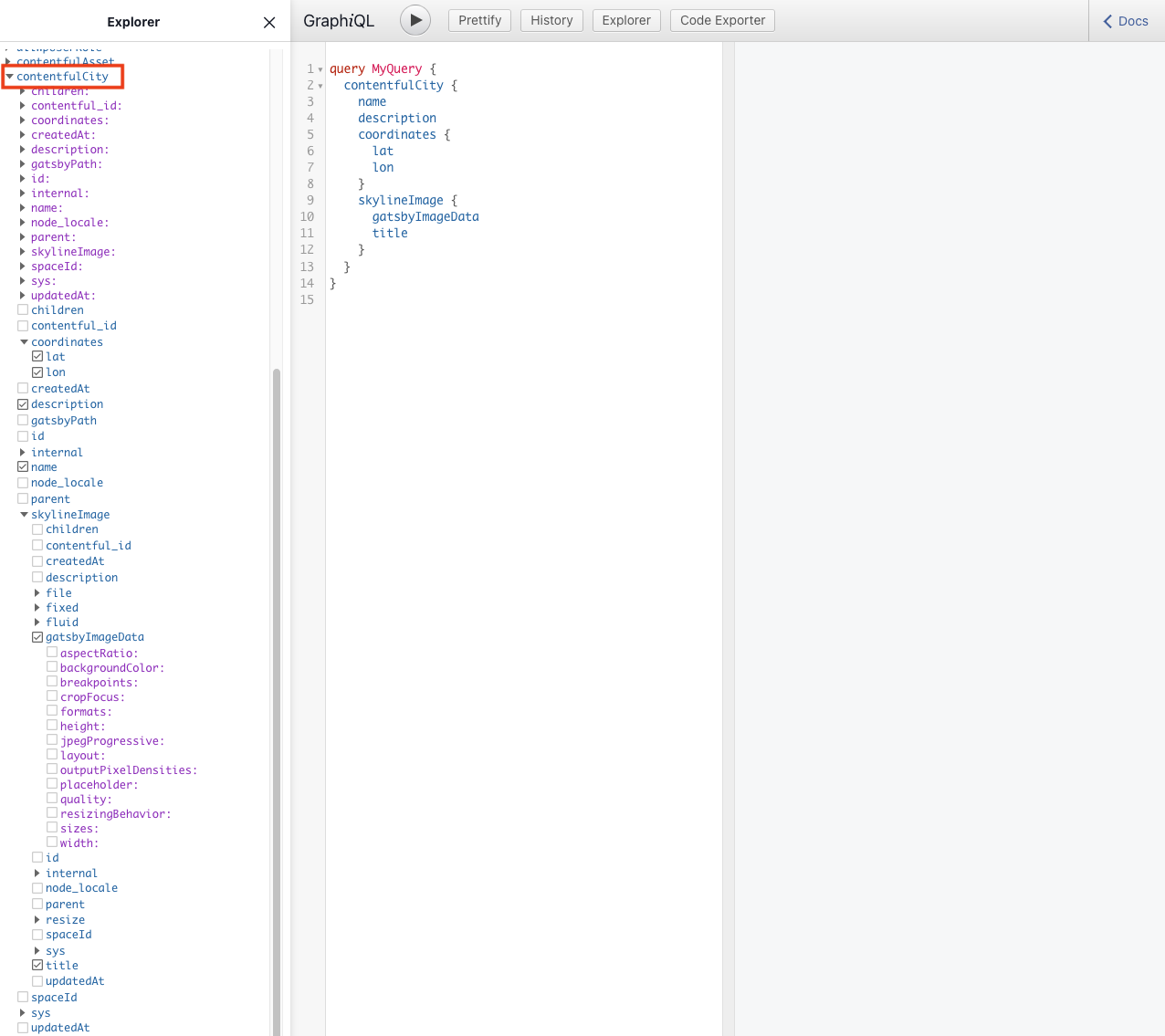 contentfulCity type highlighted in the GraphiQL explorer sidebar