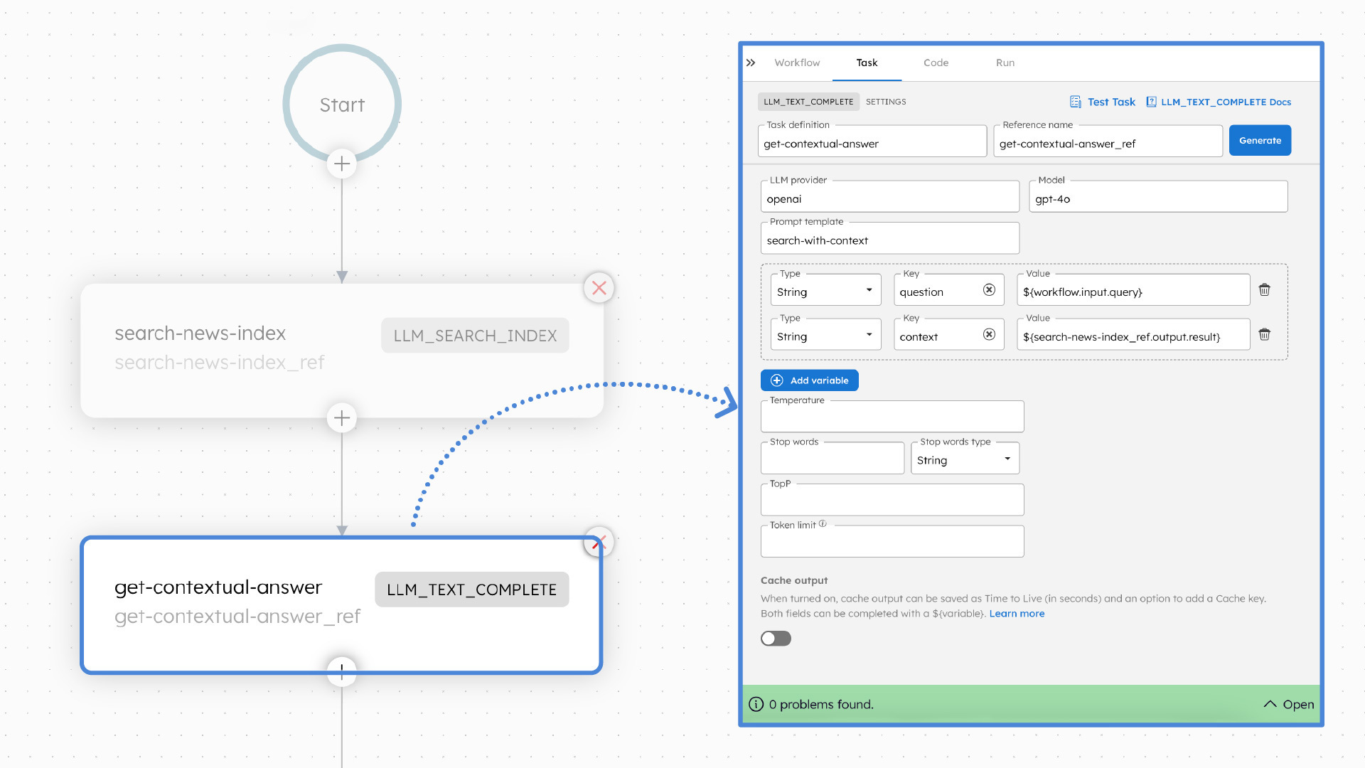 Screenshot of the LLM Text Complete task in Orkes Conductor.