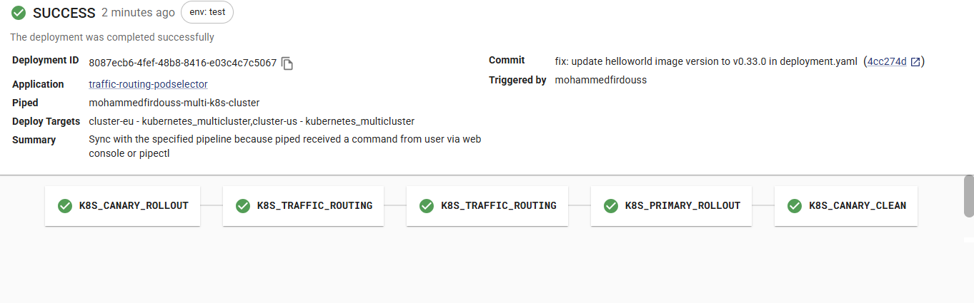 PodSelector traffic routing full pipeline success across cluster-eu and cluster-us