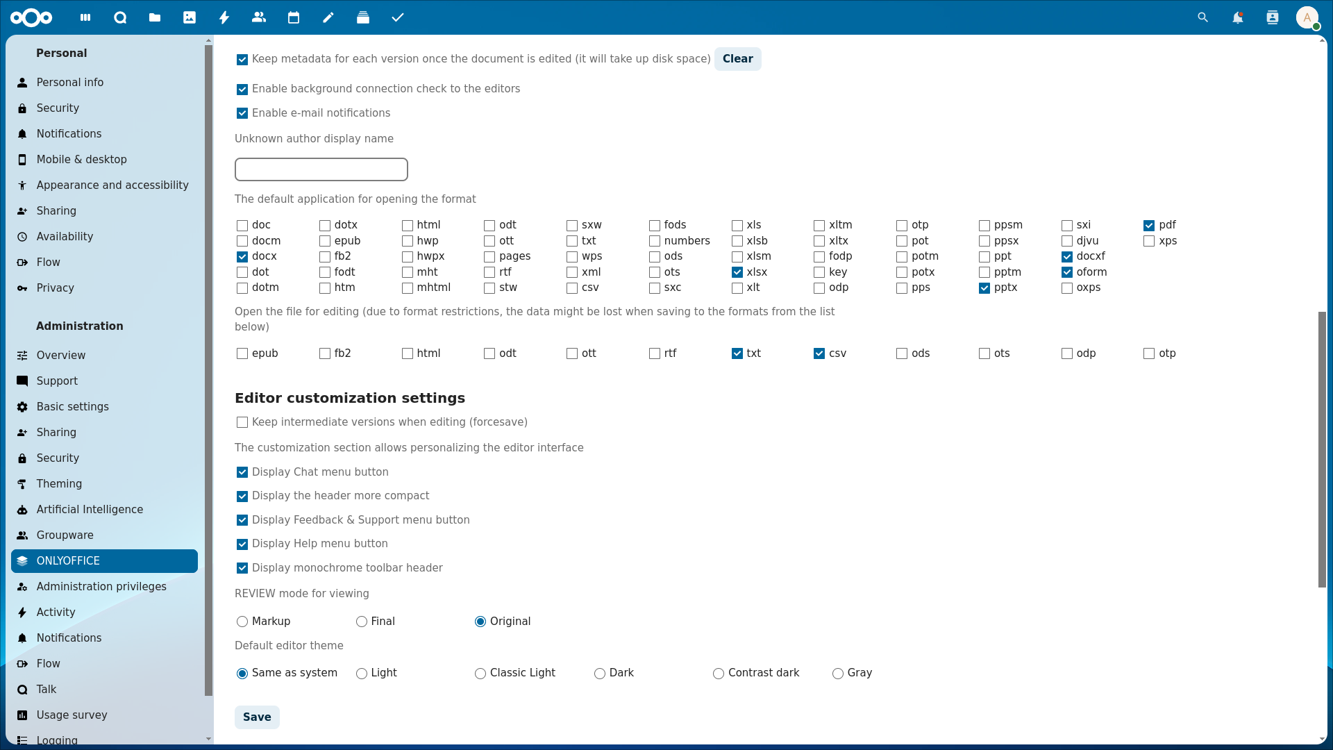 A page of the Onlyoffice integration settings in Nextcloud showing the boxes odt, ods and odp ticked