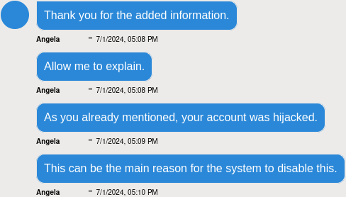 {Screenshot of Angela explaining a possible reason for my account being closed.}