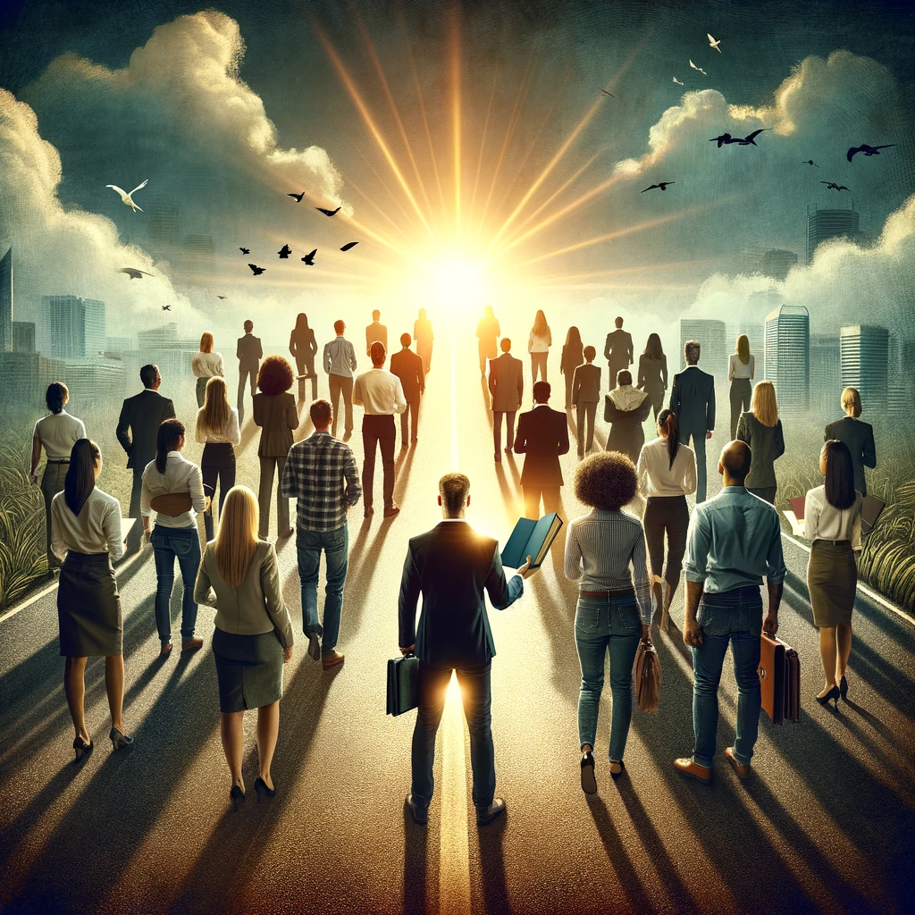A depiction of a diverse group of professionals from various fields (such as software development, product management, and design), each holding a journal. They're standing on a path that leads toward a horizon illuminated by a rising sun, representing the journey of continuous improvement and career advancement that journaling can facilitate.