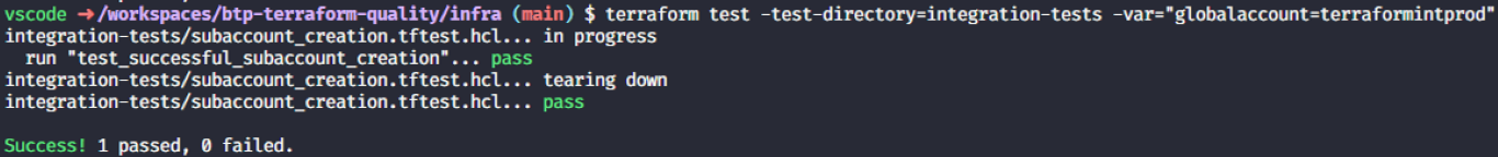 Terraform test output of integration test