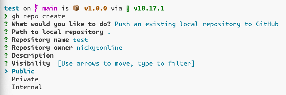 The GitHub CLI prompting to select the visibility of the repository