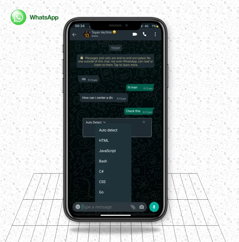 A smartphone screen displaying a WhatsApp chat conversation with a user named Toyan He/Him. The chat background is dark-themed with green text bubbles. The conversation includes a message asking, “How can I center a div?” The response is “Check this” with a dropdown menu visible showing code options such as Auto detect, HTML, JavaScript, Bash, C#, CSS, and Go. The WhatsApp logo is visible in the top left corner of the image.