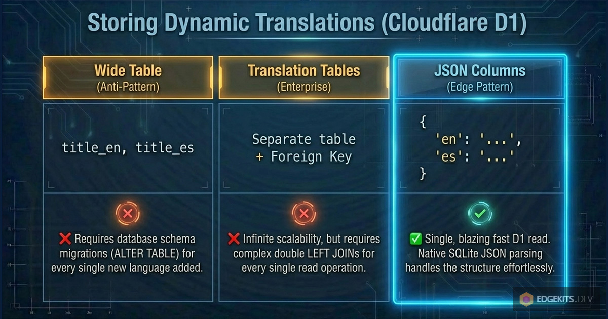 D1 localization patterns: Wide Table vs. Translation Tables vs. JSON columns