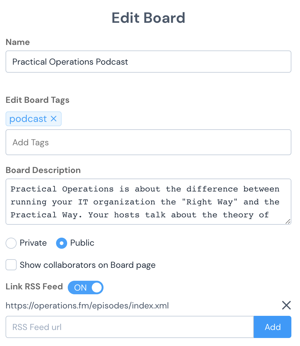 Edit your board settings to add one or more RSS Feeds