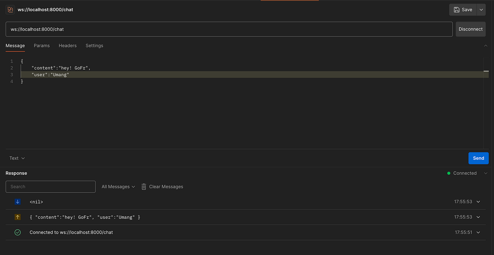 Sending message to server using WebSocket