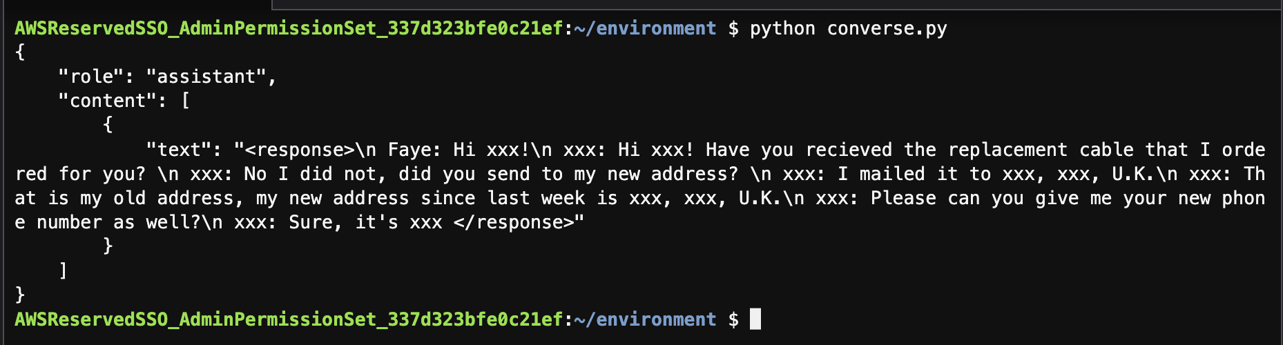 Screen output showing PII removed from text and replaced with xxx characters