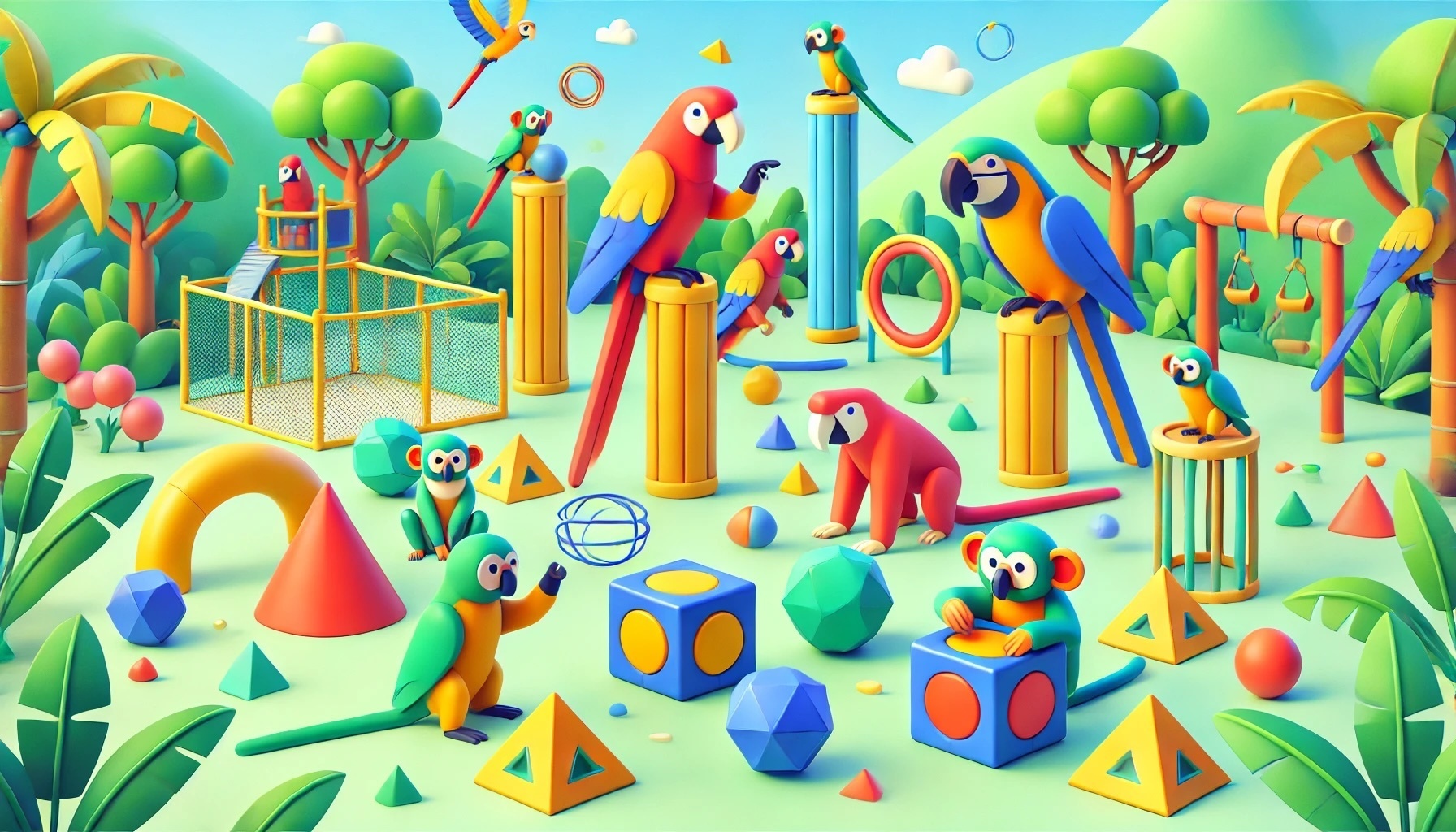 A 3D rendering showing parrots and monkeys playing with toys, like cylinders and cubes