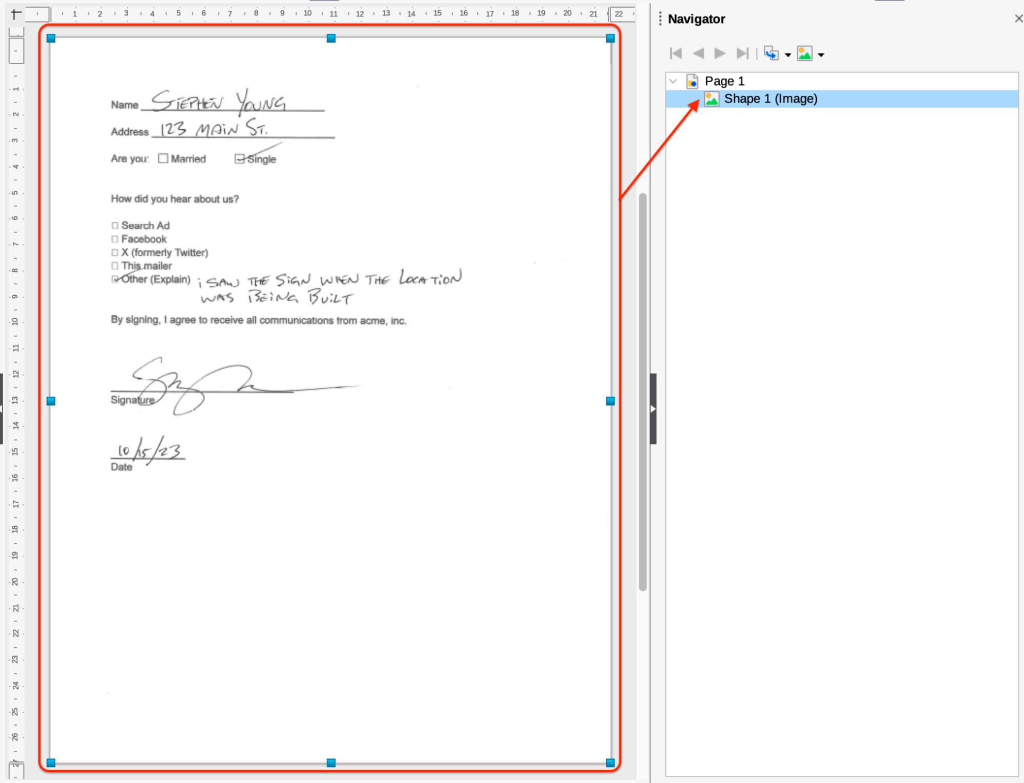 A sample PDF file opened in Libreoffice to show
how a PDF file with scanned contents is organized