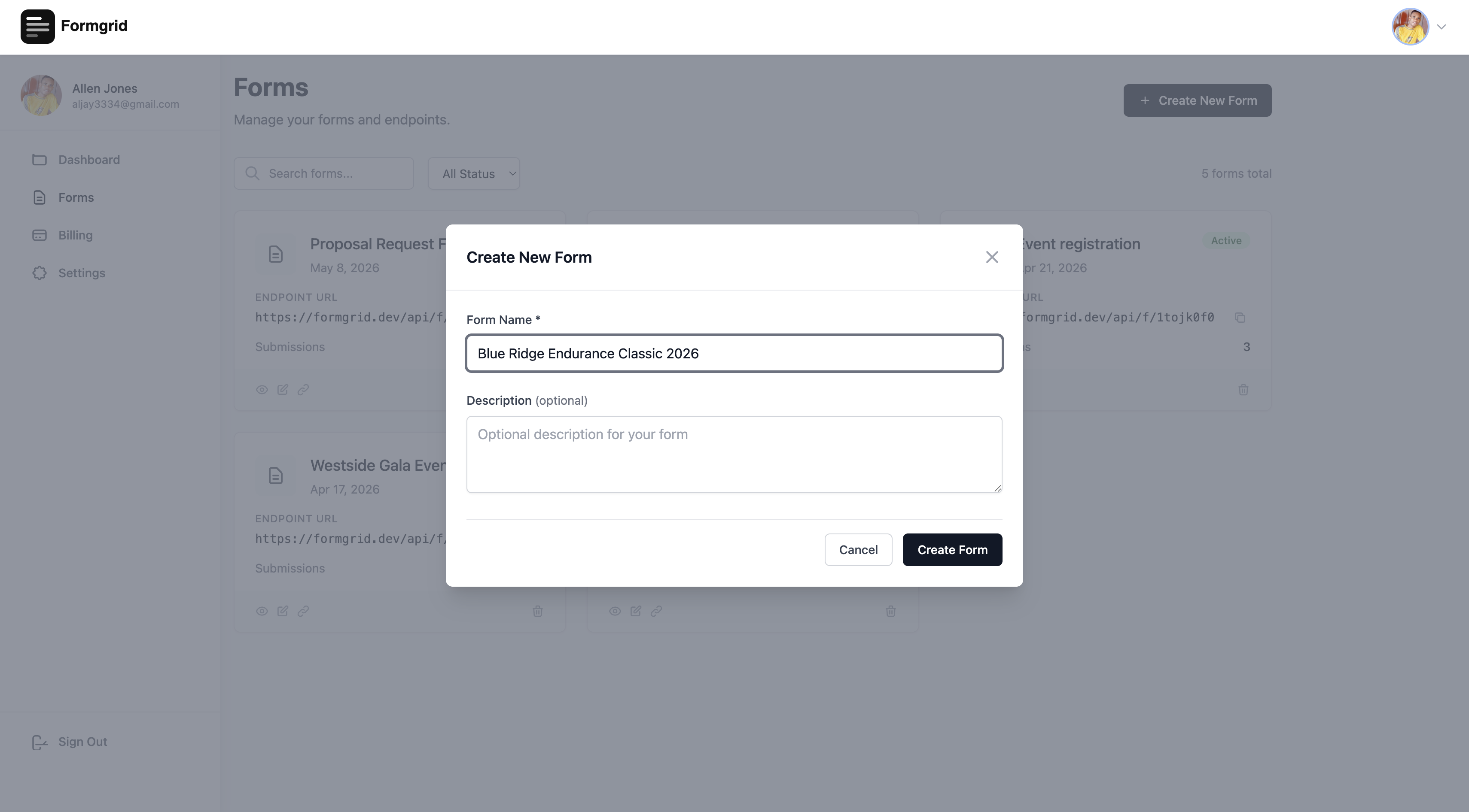 Formgrid dashboard showing New Form button