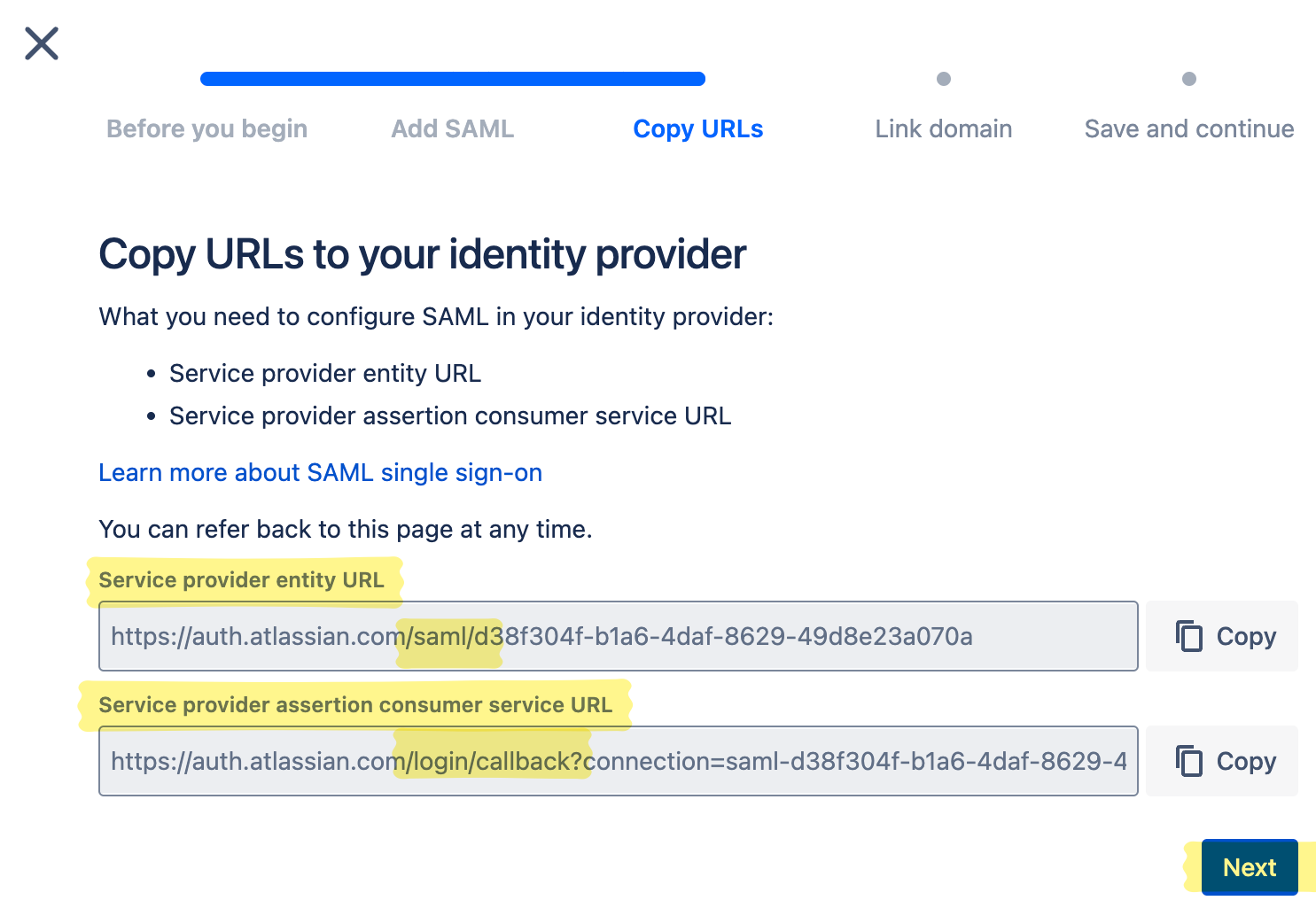 Confluence identity provider URLS