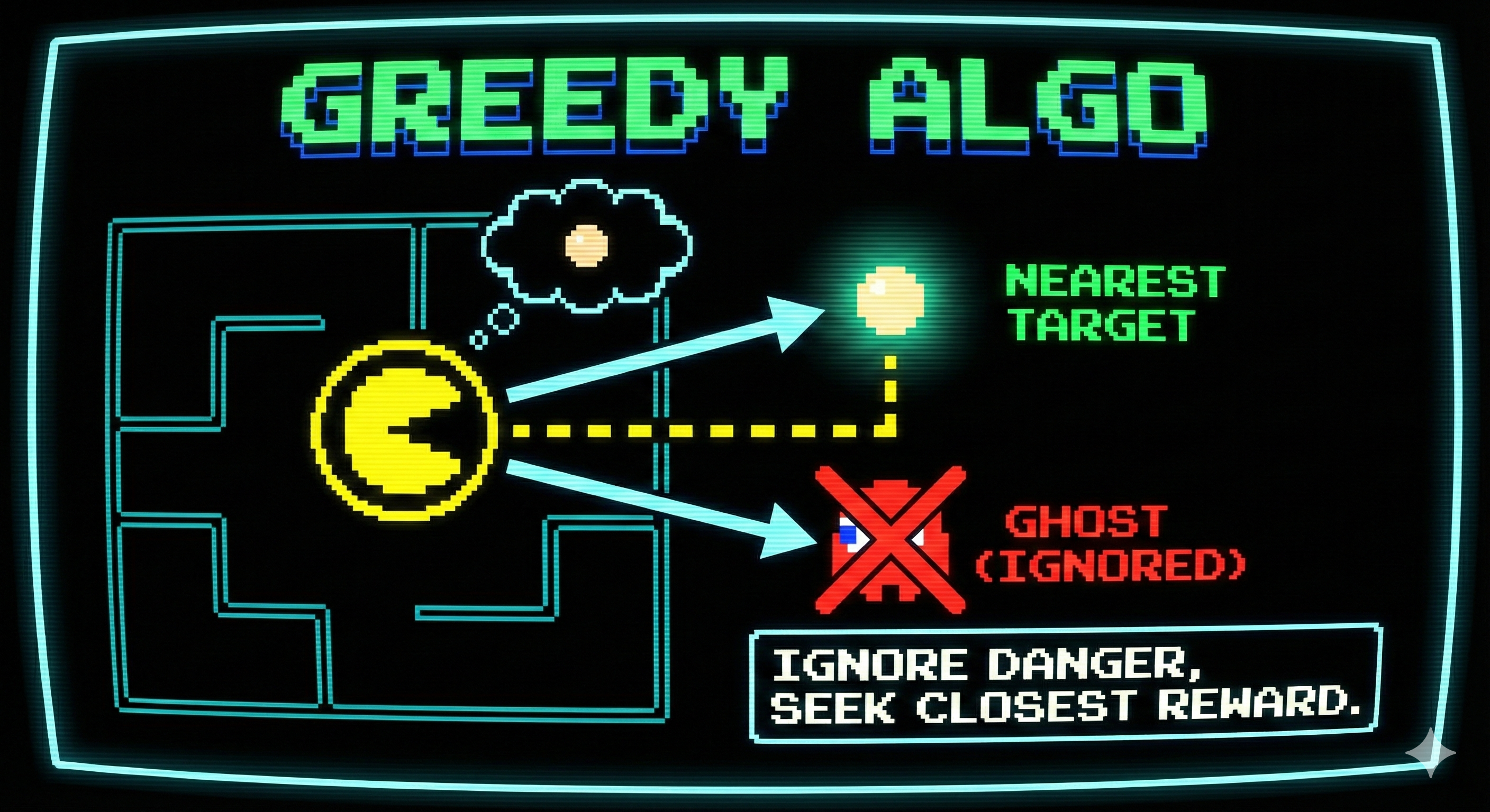 Diagram showing Greedy algorithm targeting nearest pellet while ignoring nearby ghost