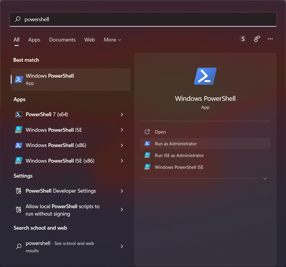 Search PowerShell from the start menu