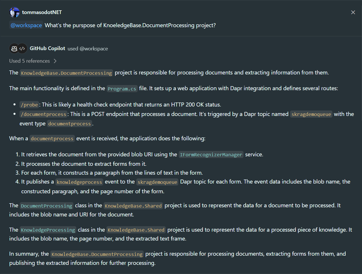 Copilot responds correctly to the question based on the context of the individual project