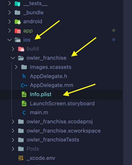 Find ios folder for Info.plist