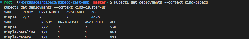 kubectl showing simple, simple-baseline, simple-canary all running in both clusters