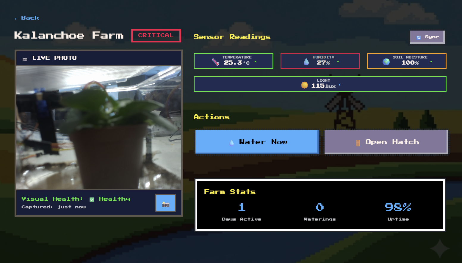The real Kalanchoe farm inside the app, with live sensor readings
