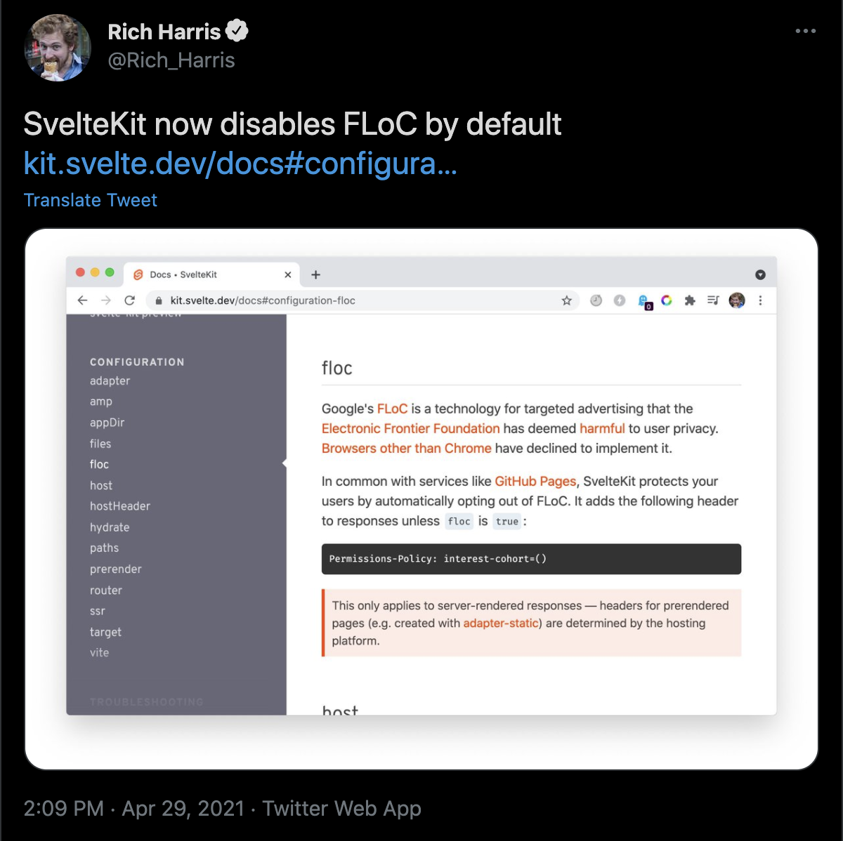 Getting Started wth SvelteKit: Privacy - Disable FLoC