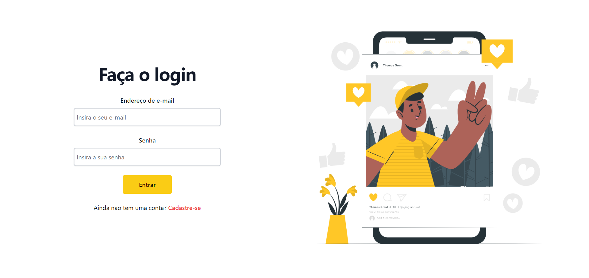 Print da tela de uma página de login de fundo branco com os campos "Endereço de e-mail" e "senha" e um desenho ao lado com os elementos em tons de amarelo