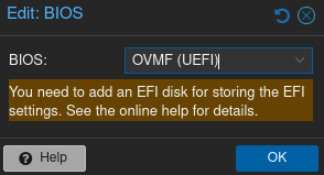 Snippet of the BIOS setting in Proxmox. The BIOS is set to OVMF (UEFI).