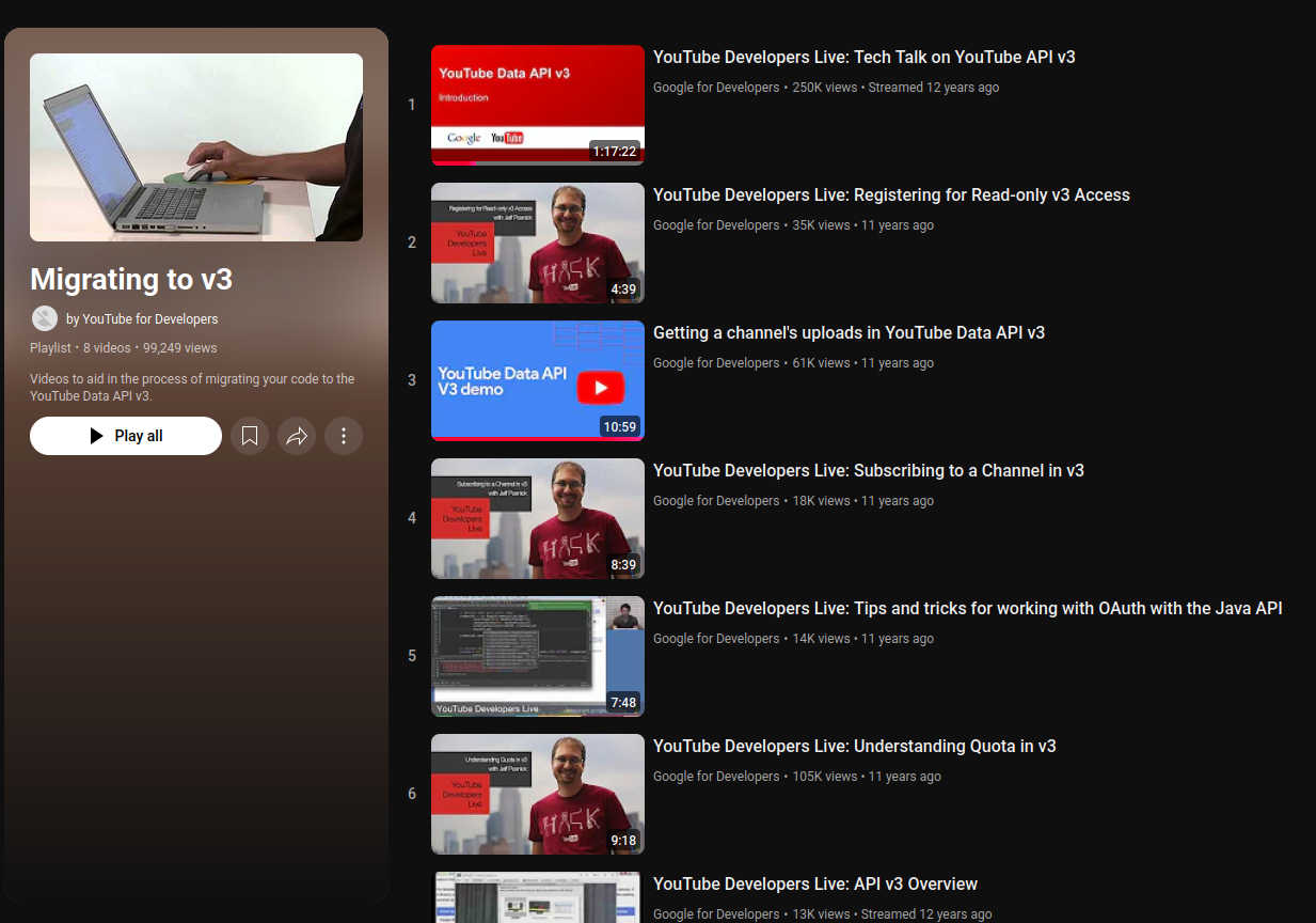 記錄 YouTube API 的 Google 影片的 YouTube 播放清單的螢幕截圖