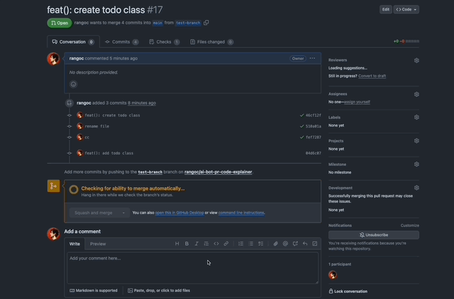 AI Bot commenting with explanation of the file that has been changed