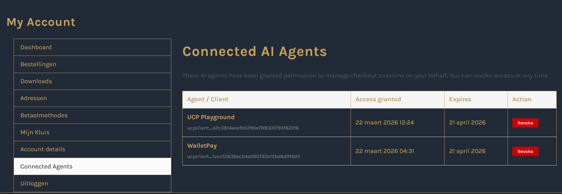 WooCommerce My Account Connected AI Agents tab showing UCP Playground and WalletPay with access dates and Revoke buttons