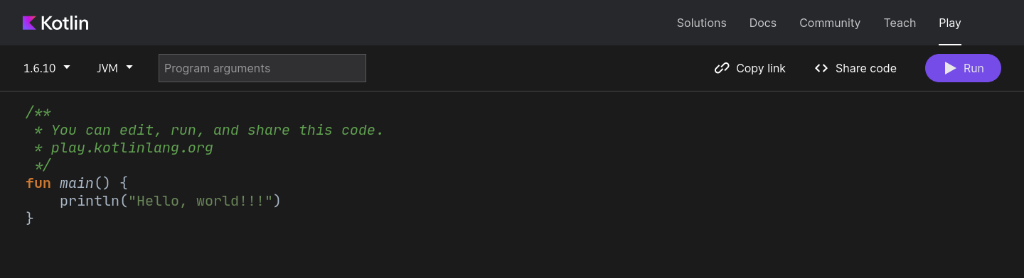 Interface do Kotlin Playground
