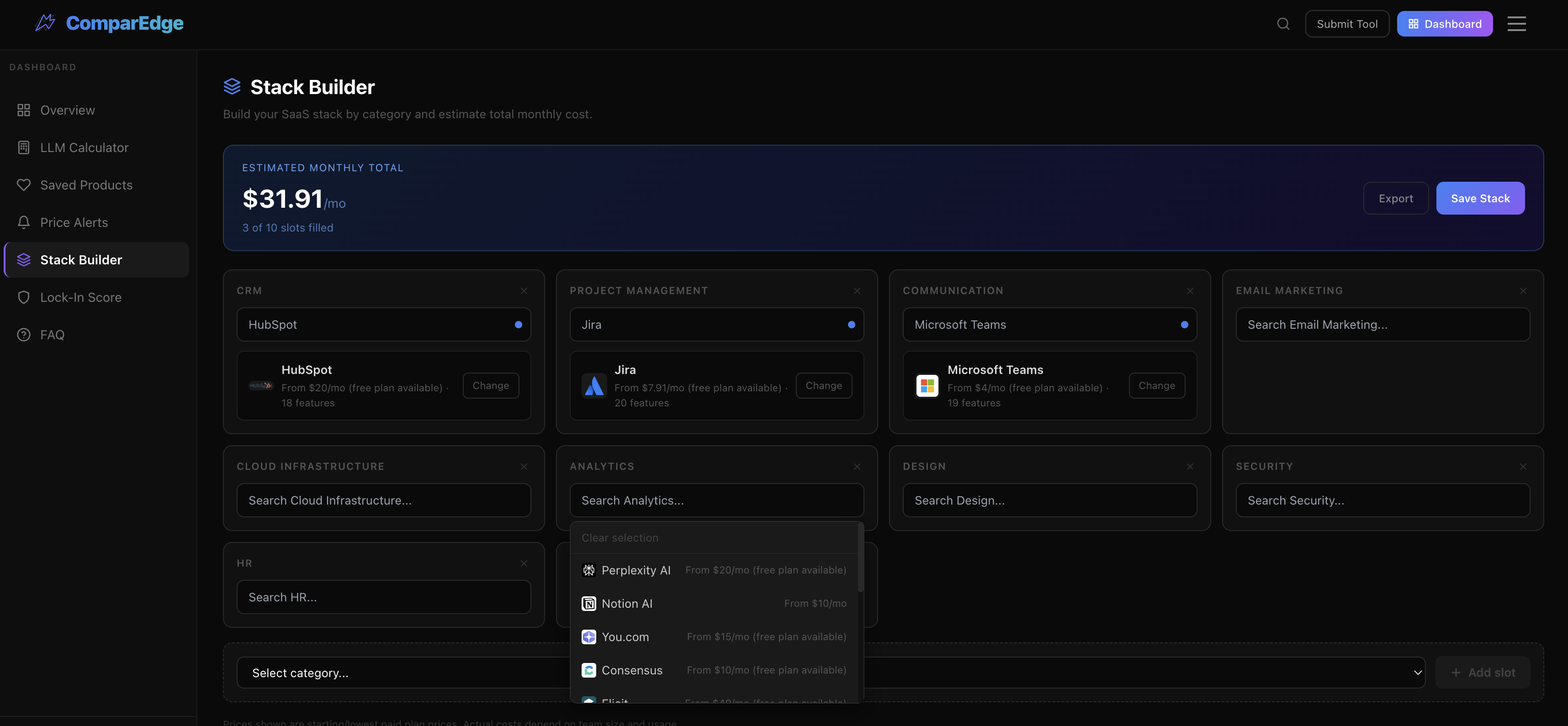 SaaS Stack Builder interface showing real-time monthly burn calculation and multi-category tool selection for infrastructure planning.