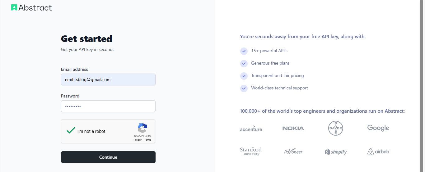 Abstract API sign-up page