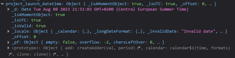 Console output of a Moment.js date object as returned from a form