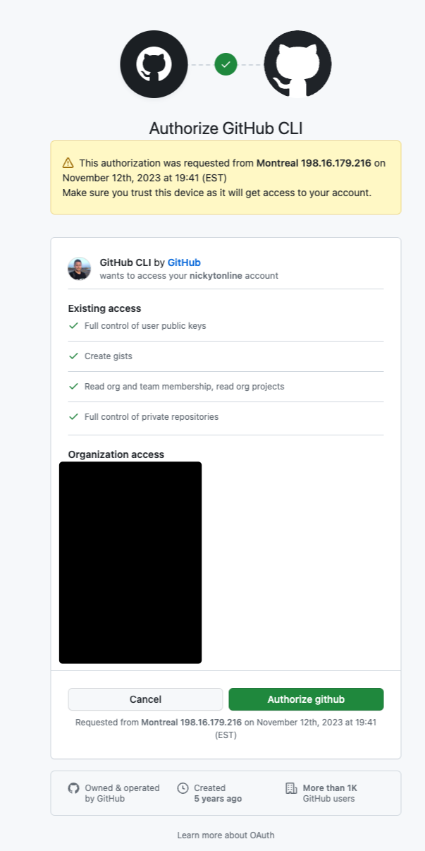 The authorize GitHub CLI screen on github.com