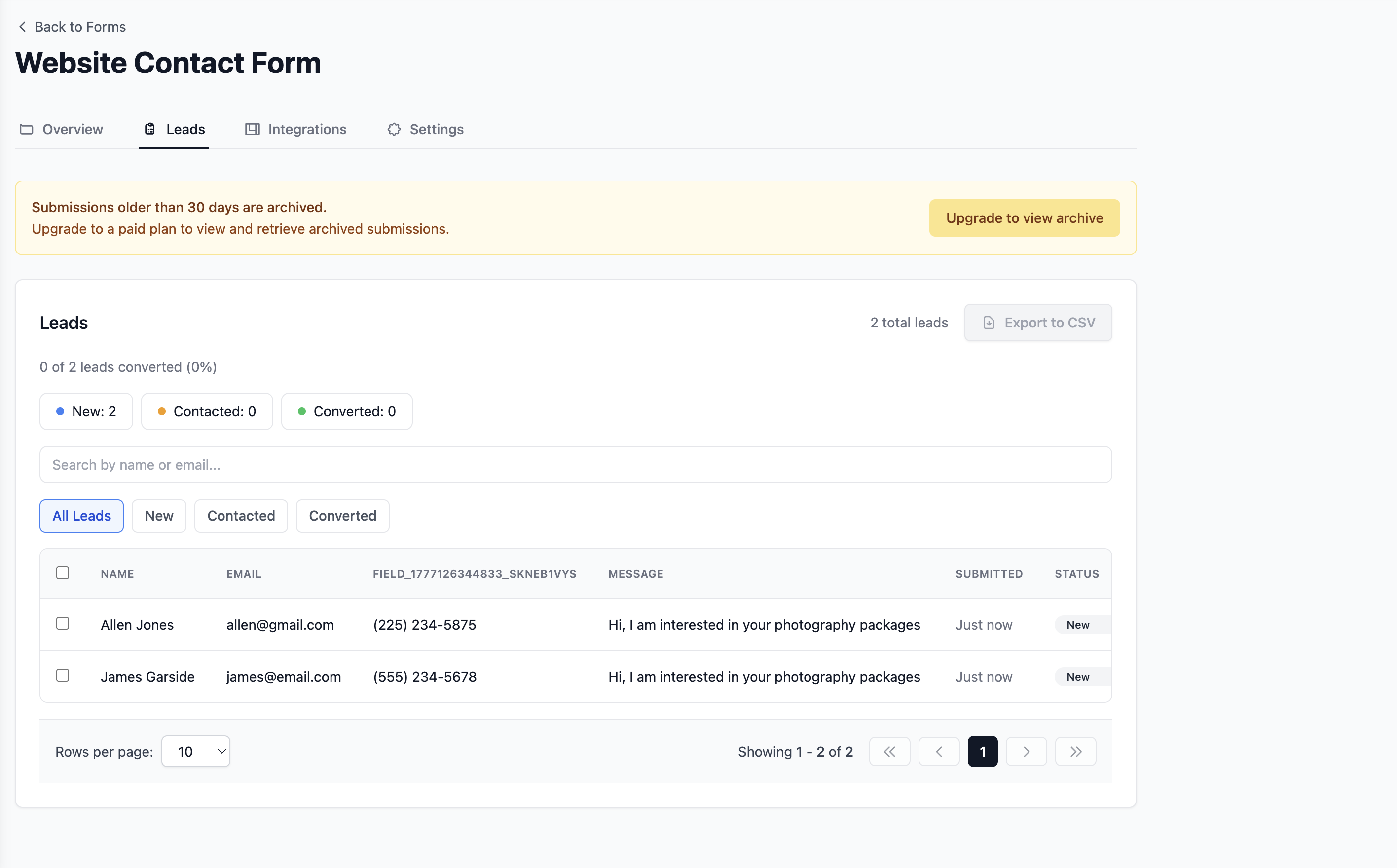 Formgrid leads tab showing tracked submissions
