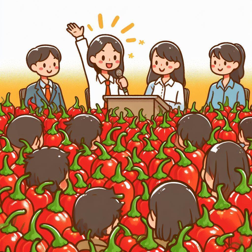 A person speaking in front of a crowd of chilli peppers