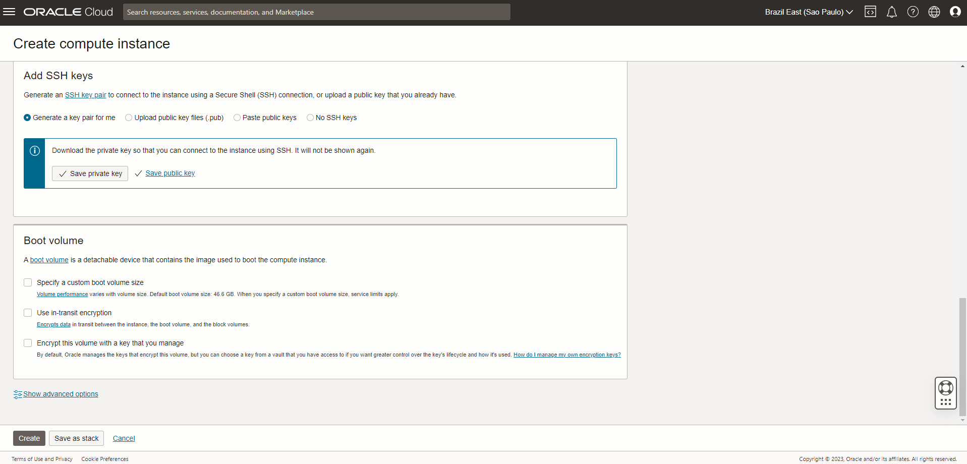 Tela de instâncias - finalizar criação