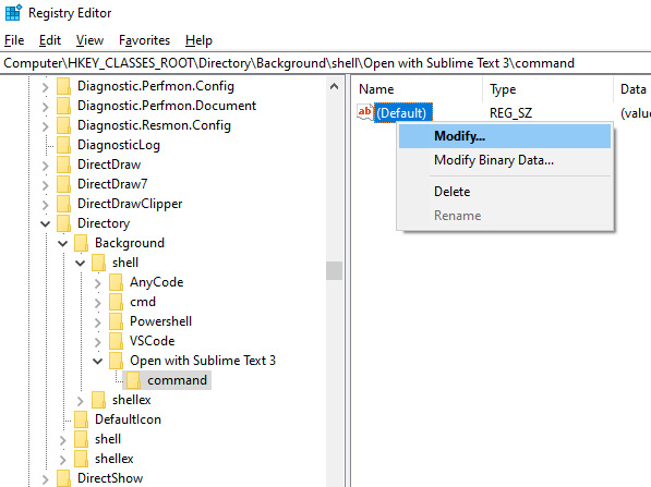 Editing the value for (Default)